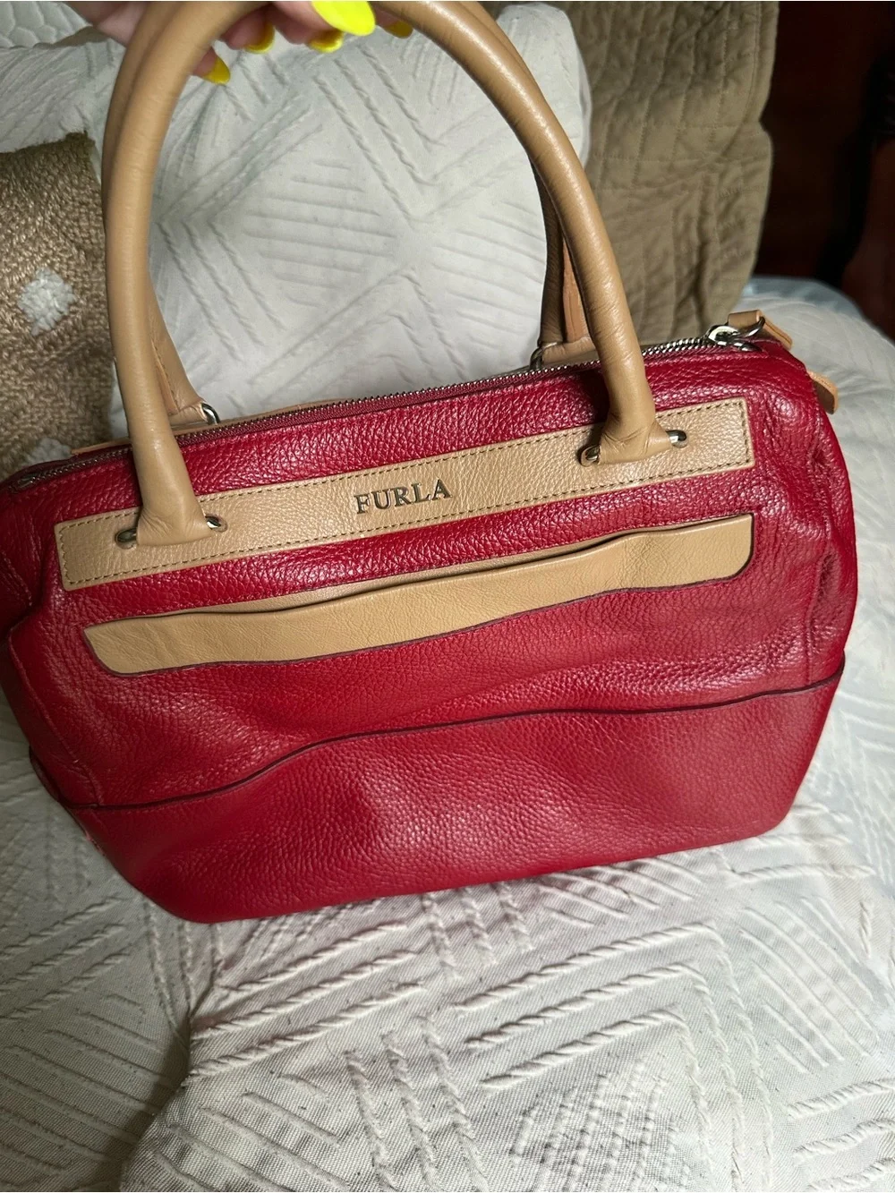Furla Red Satchel with Tan Trim